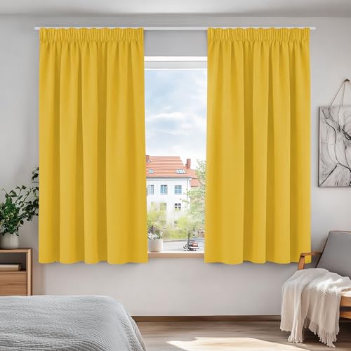 Deconovo Rideaux Occultants Thermique Anti Froid Isolant avec Galon Fronceur Rideau Salon Moderne Jaune Moutarde 117x138cm