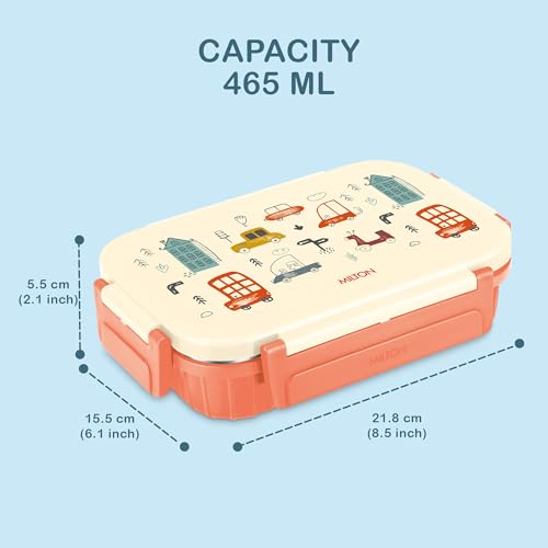 Image of MILTON Meal Safe 2 Inner Stainless Steel Tiffin Box for School with Steam Release Plug | PU Insulated, Leak-Proof, Food Grade I Lunch Box for Kids Boys, Girls with Snap Lock Lid, 465 ml, Orange