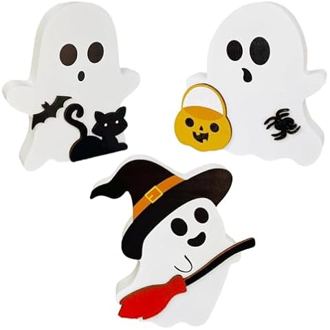 Cute Ghost Halloween Decorations Indoor - 3 PCS Wooden Tiered Tray Decor Table Sign, Black Cat Bat Witch Broom Signs Pumpkin Blocks for Home Party Shelf Display Cover