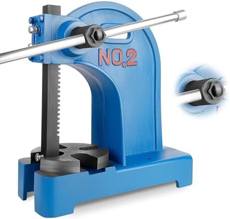 Manual Arbor Press 1 Ton, Blue Cast Iron Desktop Tool with 5.5" Maximum Height, Removable Machined Steel Anvil for Stamping and Bending