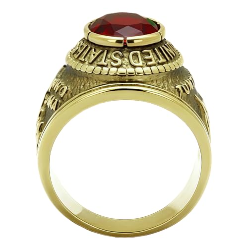 US Marines Military Ring, Gold-Tone with Red Crystal Stone, Vintage Style Lunxury Engraved Stainless Steel Mens Ring4