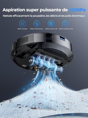 Laresar Clean Mars01 Robot Aspirateur Laveur 3 en 1, Navigation LiDAR, Aspirateur Robot 5000Pa d'Aspiration, 5 Cartes Editables, Convient aux Poils d'animaux, Tapis et Sols (Foncé)