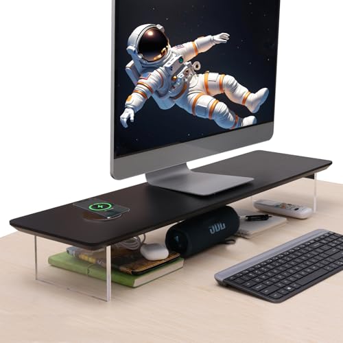SUIBIAN Black Monitor Stand Riser with Wireless Charging 31.5Inch Large, Computer Monitor Stand,Wooden Desktop Organizer Shelf for Office Desk Computer,Laptop,TV (Black Oak)