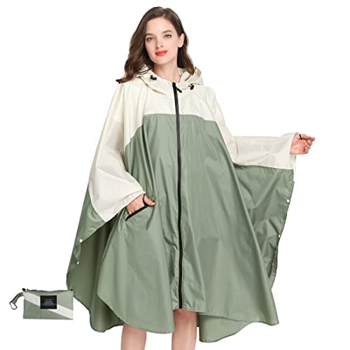 NeroPoke レインコート レディース 自転車 ロング丈のおしゃれな レインポンチョ 軽量 リュックにも対応 反射テープ 収納袋付き レインコート メンズ 通勤通学 収納袋付き 防風防水 防塵防雪 男女兼用 (マスタードグリーンベージュ)
