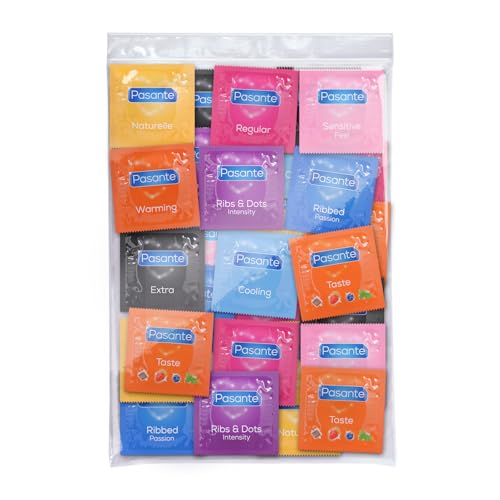 Pasante Condoms Variety Pack - Mix of 50 | The Mixed Pack Contains: Flavoured, Ribbed, Thin, Extra and More Condoms