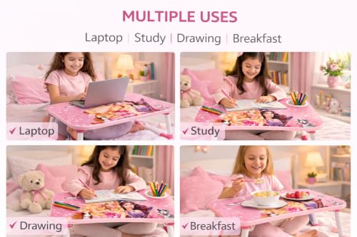 Image of Printed Wooden Study Desk for Kids, Foldable & Portable Laptop Table for Bed, Large Kids Activity Table with Non-Slip Legs, Multipurpose Breakfast Tray & Picnic Table (60x40x26 cm) (Barbie)