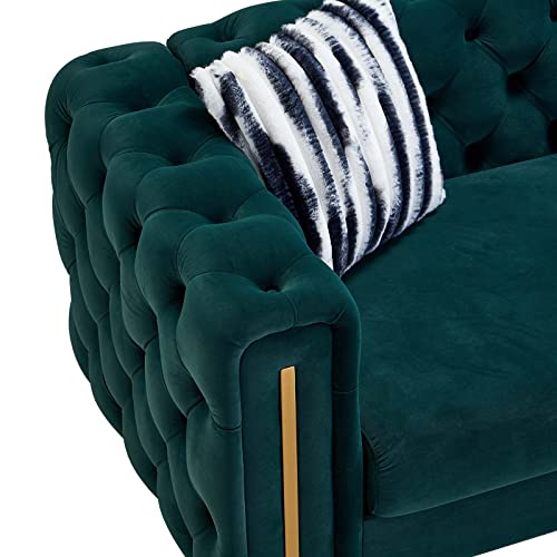Image of Dolonm Velvet Tufted Sofa for Living Room, 84 inch Mid-Century Modern Couch with 2 Throw Pillows, High Arms & Gold Metal Legs, Luxury Chesterfield Furniture (Green)