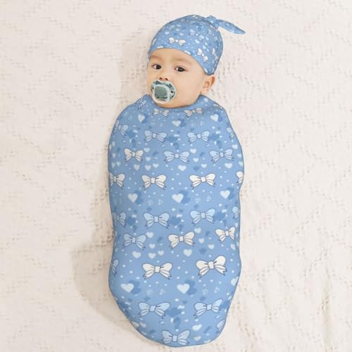 Image of Light Blue Bows and Hearts Newborn Swaddle Blankets Hat Sets Soft Baby Receiving Blanket Swaddle Sack for Baby Shower Infant Boy Girl Gift
