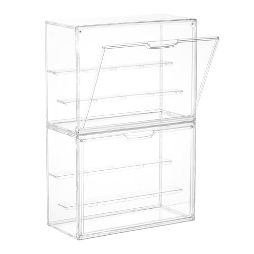 Vtopmart 2 Pack Acrylic Display Case, Stackable Figure Display Case with Magnetic Door & Adjustable Shelves, Clear Collectibles Showcase for Action Figures, Miniatures, Models