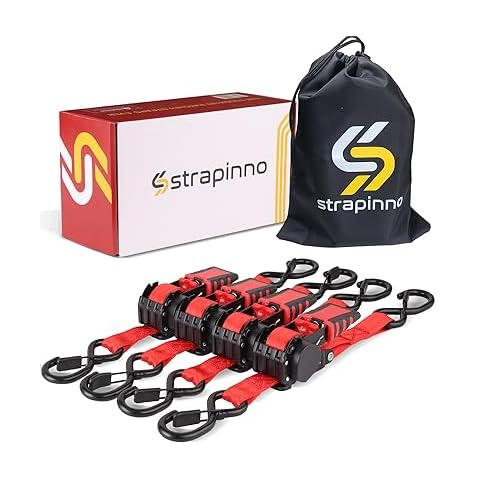 Strapinno 4pcs Retractable Ratchet Straps Bundle 1in x 6ft Ratchet Tie Down with Rubber Coated Steel Handle, S Hooks, Breaking Strength 1500 lbs Each (Red Strap, Black Coated Buckle) Cover