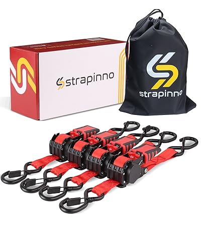 Image of Strapinno 4pcs Retractable Ratchet Straps Bundle 1in x 6ft Ratchet Tie Down with Rubber Coated Steel Handle, S Hooks, Breaking Strength 1500 lbs Each (Red Strap, Black Coated Buckle)