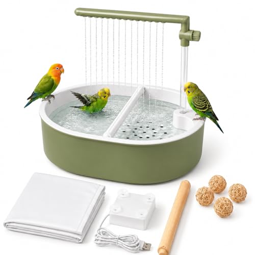 Bird Bath for Cage Automatic Parakeet Bird Shower Fountain with 4 Natural Rattan Balls Waterproof Mat Adjustable Valve Hidden Cable Pump Dual Perch Indoor Parrot Bathing Set Light Green