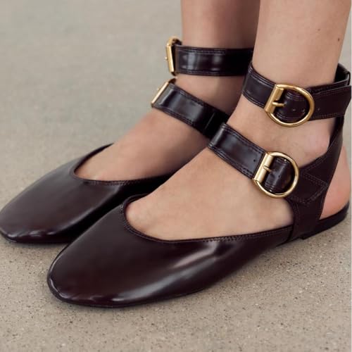 Women's Double Buckled Slingback Ballet Flats Round Toe Ankle Strap Dress Flat Shoes2