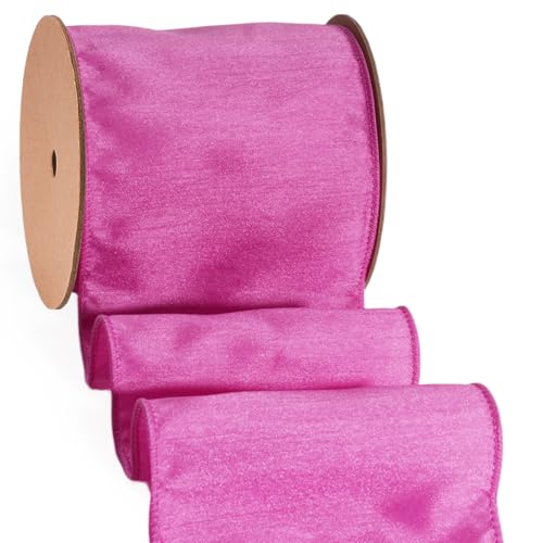 LaRibbons Hot Pink Ribbon Wired 4 Inch x 10 Yards Dupioni Ribbon with Wired Edge for Wreaths Bows and DIY Decorations