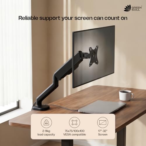 Image of Green Soul Single Monitor Gas Spring Stand|Fits 13-32 inch Screen|9Kg Weight Capacity|Height Adjustable Desk Mount, VESA Plate, Grommet & C-Clamp Base|Monitor Riser for Desk|Tilt, Swivel & Rotation|Black