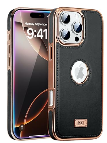Image of BOUNCEBACK Faux Leather Electroplated Logo Cut Back Case /Cover for iPhone 16 Pro Max - Black