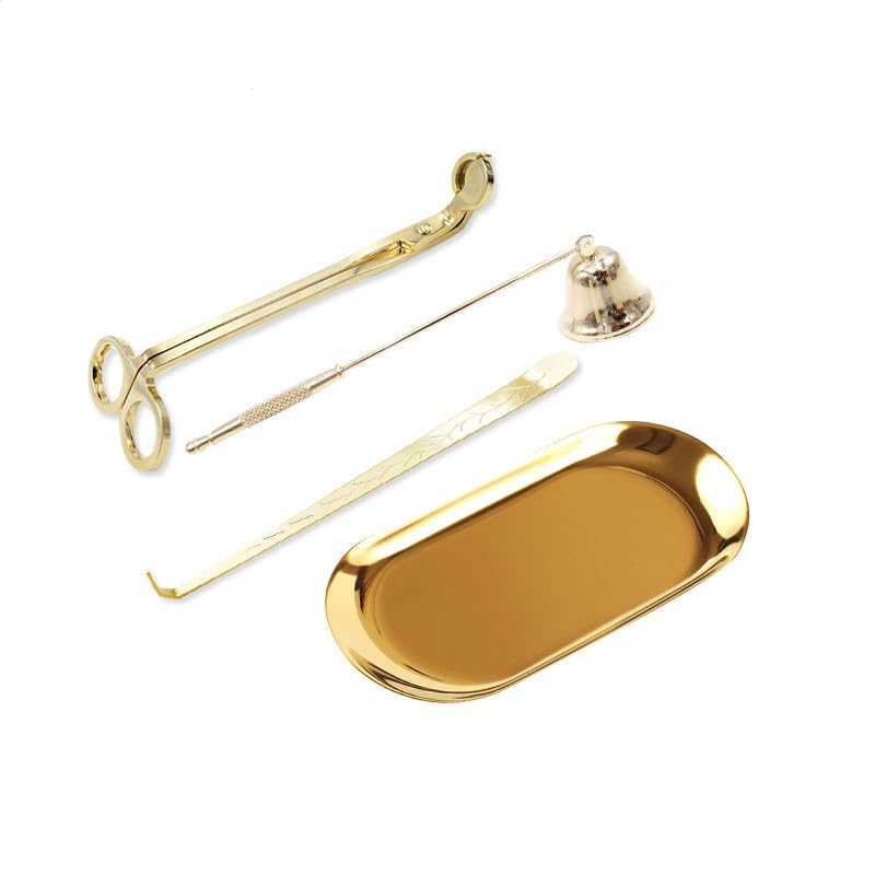 4 in 1 Candle Accessory Set, Candle Wick Trimmer Cutter, Candle Snuffer & Candle Wick Dipper, Storage Tray Plate Stainless Steel Candle Care Kit for Candle Lover (Gold)