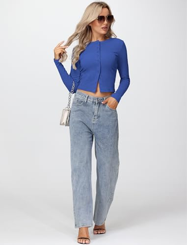 Womens Long Sleeve Tops Fall Lightweight Cardigan Cropped Going Out Shirts Ribbed Button Down Cute Trendy 2025