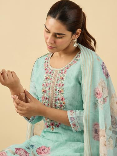 Image of INDO ERA Women's Straight Linen Floral Embroidered Kurta & Pant With Dupatta Set (IESTR10644)