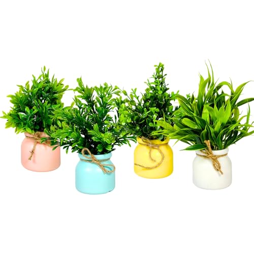 Image of Dekorly Artificial Pot Flowers Small Fake Plants with Pot Mini Potted Plants for House Office Tabletop Decoration Indoor (Pack of 4)