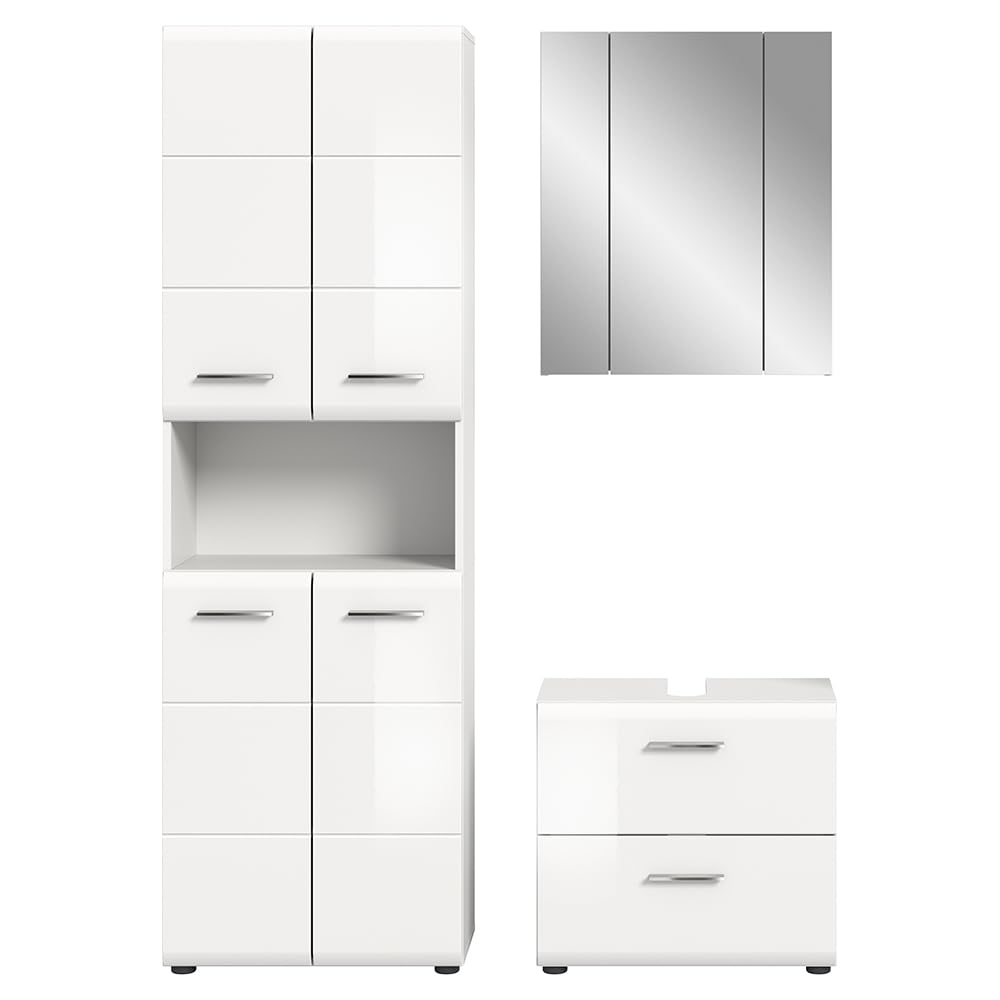 Lomadox Badezimmer Badmöbel-Set 3-teilig in weiß mit weiß Hochglanz, mit 1 Hochschrank, 1 Spiegelschrank mit 3D-Funktion & 1 Waschbeckenschrank