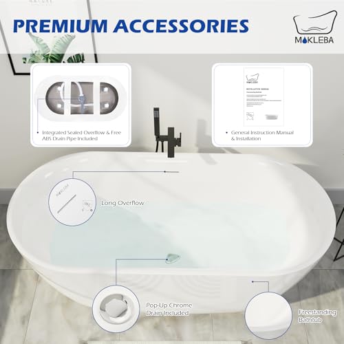 Image of 67 inch Acrylic Freestanding Bathtub, Elegant Oval Free Standing Tub, Soaking Tub with Integrated Slotted Overflow, Toe-Tap Chrome Drain, cUPC Certified, Glossy White