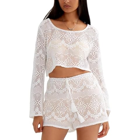 CHERFLY Womens Beach Cover Up 2 Piece 2024 Summer Crochet Bikini Hollow Out Long Sleeve Short Tops and Shorts Bathing Suit Swimwear(Bright White,M) Cover