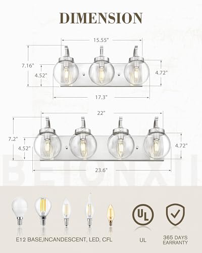 Image of Beionxii Brushed Nickel Bathroom Light Fixtures, 3-Light Bathroom Vanity Light Over Mirror, Modern Vanity Lighting Fixtures with Clear Glass Shade for LivingRoom Hallway, BX-VL03BN-3CG