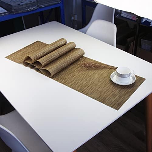 Jucoan 7 Pack Placemats and Table Runner, Heat Resistant Woven Vinyl Table Mats, Non-Slip Washable PVC Dinner Mats for Kitchen and Dining Table (6pcs 12"x18" + 1pcs 12"x71", Beige)