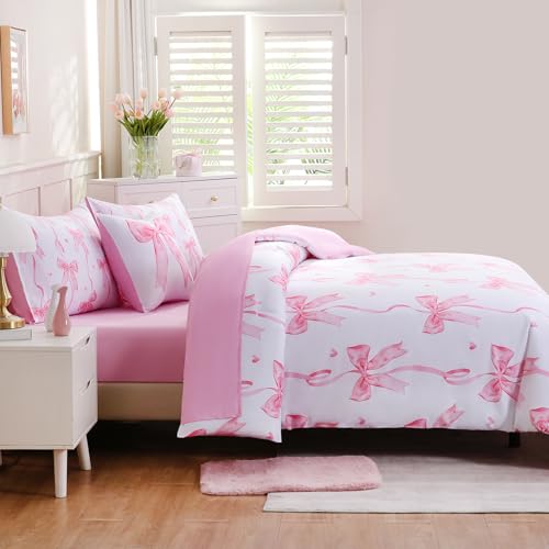 Image of DORCAS Bow Full Size Comforter Set for Girls,6 Pieces Bed in A Bag Pink Bow Bedding Sets with Sheets for Kids