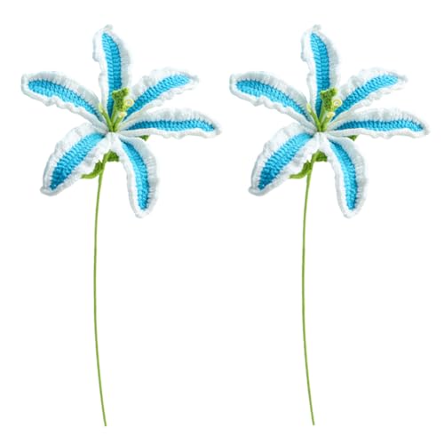 Magicherry Bouquet di fiori di giglio artificiali fatti a mano all'uncinetto, 2 pezzi, lavorato a maglia, per composizioni floreali fai da te, decorazione per la casa e per matrimoni, colore blu
