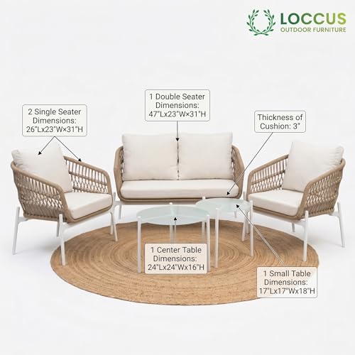 Image of LOCCUS Outdoor 4-Seater Rope Sofa Set with All-Weather Water-Resistant Cushions & Glass Top Round Coffee Table - Patio Conversation Furniture for Garden, Balcony & Poolside (Beige & Off-White)