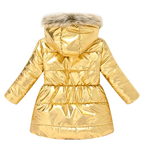Kids Girls Medium Long Puffer Jacket Metallic Glitter Long Sleeve Winter Coat with Faux Fur Hooded2