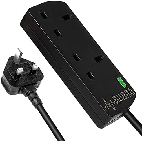 6 Gang Surge Protected Extension Lead 1m Plug Extension Power Strip - 6 Plug Socket Power Extension Cord 1 Meter - 6 Way Mains Electric Power Surge Protection Cable Multi Plug UK
