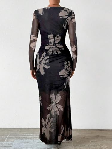 Image of MARZXIN Women Long Sleeve Maxi Dress Bodycon Ruched Formal Slim Fit Tie Dye Dress Formal Mesh Dress