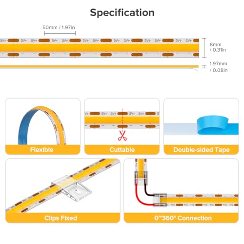 Image of 6.56FT /2M 5V USB LED Light Strip Orange Flexible High Density COB Strips 640LEDs, 8mm LED Tape for Under Cabinet Bedroom No Controller and Power