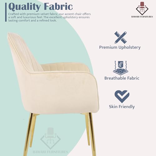 Image of Plush Dining Chair | Accent Chair for Living Room Bedroom Restuarant | Velvet Fabric & Thick Cushion Seat with Sturdy Glossy Metal Legs (Golden Legs, White)