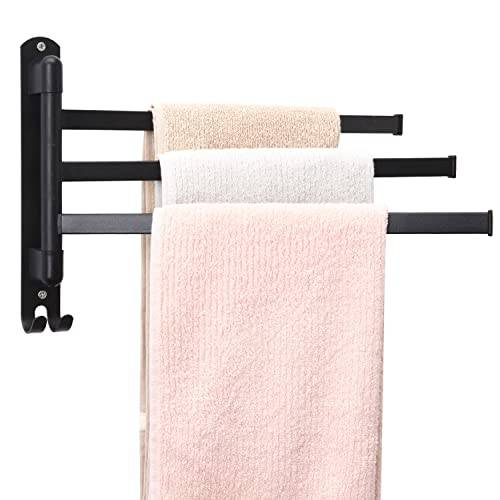 Idocolors Portasciugamani da Parete con 3 Barre Girevoli e Ganci, Portasciugamani da bagno, Foratura a Vite o senza Foratura a Colla, Appendiabiti da Parete Nero