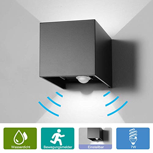 Preisvergleich Produktbild Elitlife Aussenleuchte Wandleuchte mit Bewegungsmelder 7W Wandlampe Terras Garage (Schwarz, Kaltweiß)