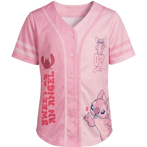 Image of Disney Lilo & Stitch Girls Baseball Jersey Shirt Button Down Kids Tee Stitch Angel Sizes 4-16