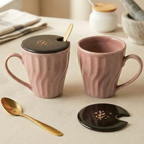 Image of The Earth Store Pink Artisan Wave Coffee Mug with Lid and Spoon Set of 2 | 340ML Ceramic Coffee Mugs Set of 2 | Resin Art Wooden Lid & Golden Spoon | Premium Coffee Mugs for Gift