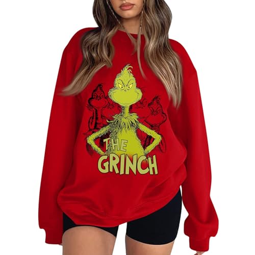 Grinches Merry Christmas Sweatshirts for Women Ugly Christmas Sweater Green Monster Print Oversized Crewneck Sweatshirt Top