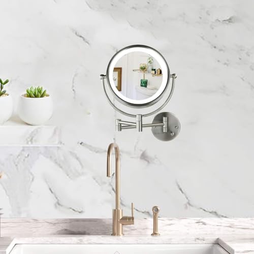 Image of OVENTE Hardwired Wallmount Bathroom Mirror, Nickel Brushed MPWD3185BR1X7X | 9 inch Double Sided Lighted Makeup Mirror with 1X /7X Magnification, Dimmable LED Lights, 360 Rotation, Extendable Folding Arm