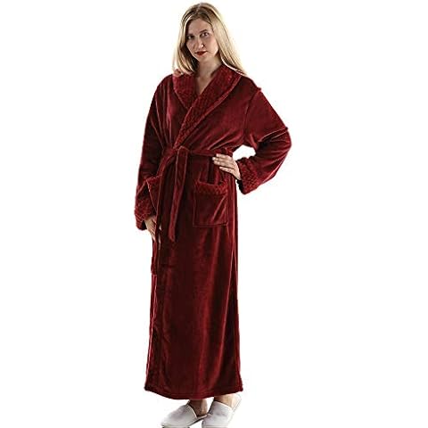 Dressing Gown Women Full Length Robe Plus Size Fleece Winter Warm Bathrobe, UK14-20(label XL), Wine Red Cover