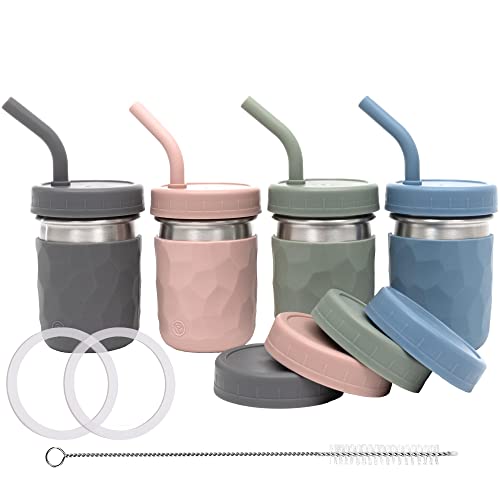 Image of WeeSprout 2-in-1 Drinking Cups for Kids, Durable Stainless Steel Tumbler for Smoothies, Silicone Straws with Stoppers, Premium Plastic Twist Lids, Easy-Grip Sleeves, Set of 4 Dishwasher Safe Kid Cups