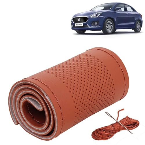 Image of KINGSWAY PU Leatherite Car Steering Cover Sewable Compatible with Maruti Suzuki Swift Dzire (Year 2017-2019), Tan Color with Tan Thread, Pack of 1 with Sewing Needle and Thread