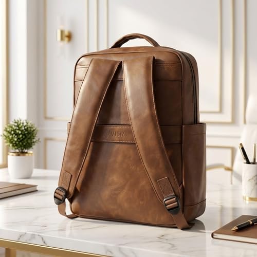 Image of VISMIINTREND Leather Laptop Backpack Bag for Men & Women | Casual, Office, College, Travel, Airport, Weekender Bag | Fits upto 15.6 Inch Laptop, Macbook | Durable | Birthday, Rakhi Gifts