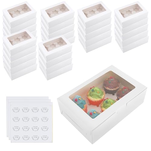 KEILEOHO 30 Cajas para 6 Cupcakes con Ventana y Pegatinas, Cajas de Cartón Blanco para Tartas Pequeñas, Magdalenas, Cupcakes, 23,5 x 15,8 x 7,5 cm