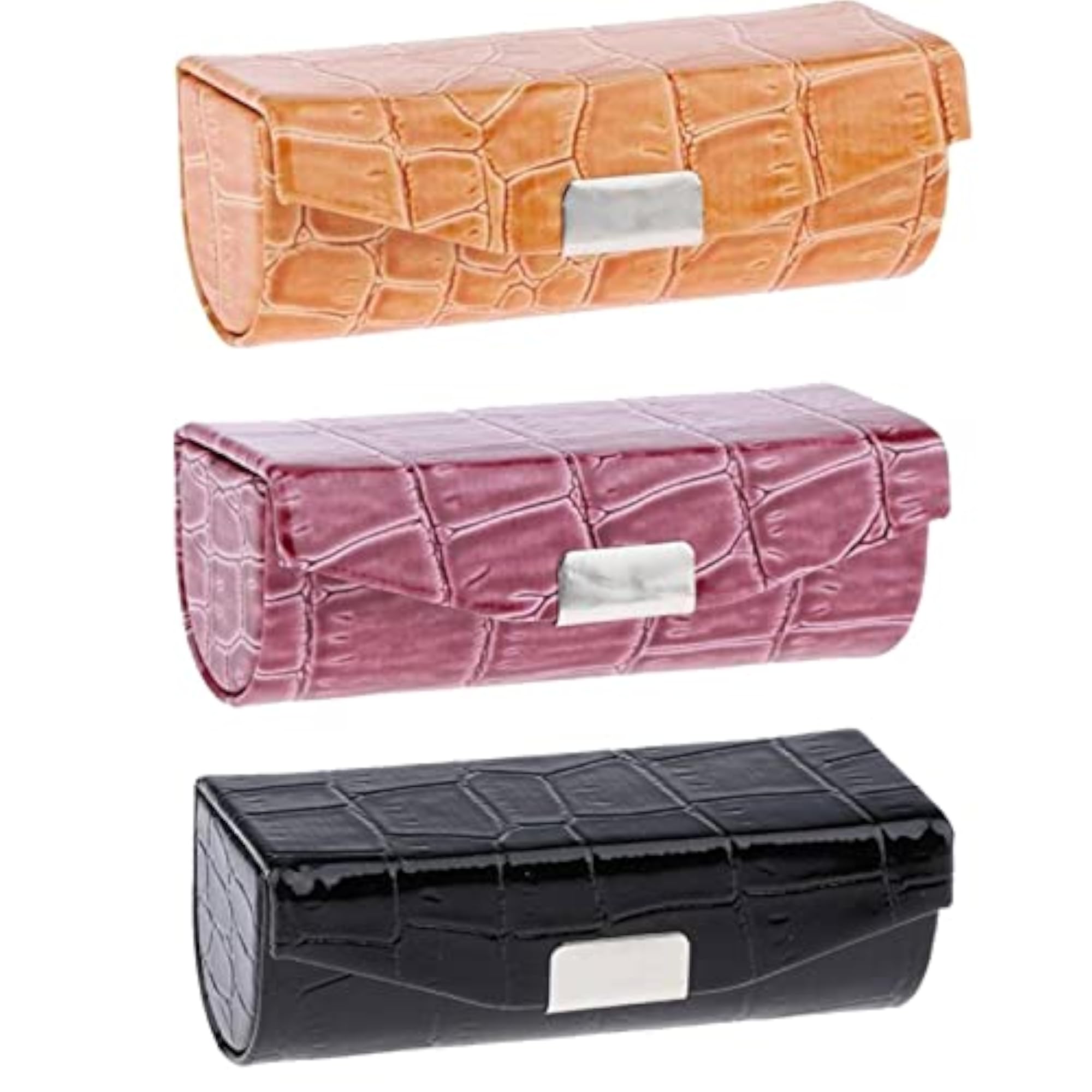 3X PU Leather Lipstick Case Holder, Dark Brown, Black, Orange
