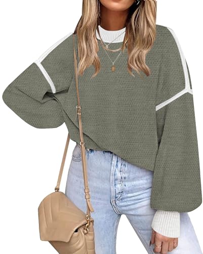 Image of Fall Clothes for Women 2026 Fashion Outfits Knitted Oversized Sweaters | Disamer Womens Sweater Trendy,Color Block Crew Neck Long Sleeve Knitted Pullover Jumper Tops,Striped,Winter Cute Sweaters